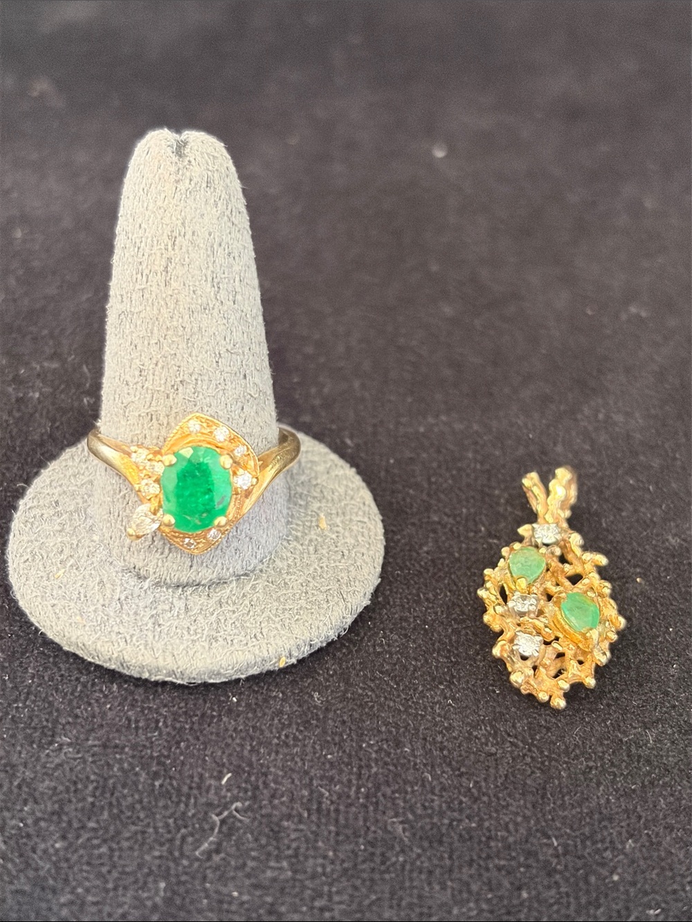 Gold Emerald Halo Ring with with Natural Dismonds & Pendant Bundle 14k gold